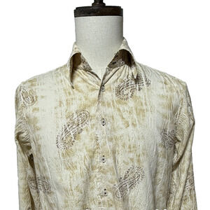 7 Diamond Shirt Mens Small Cream Paisley Textured Long Sleeve Beachy Coastal